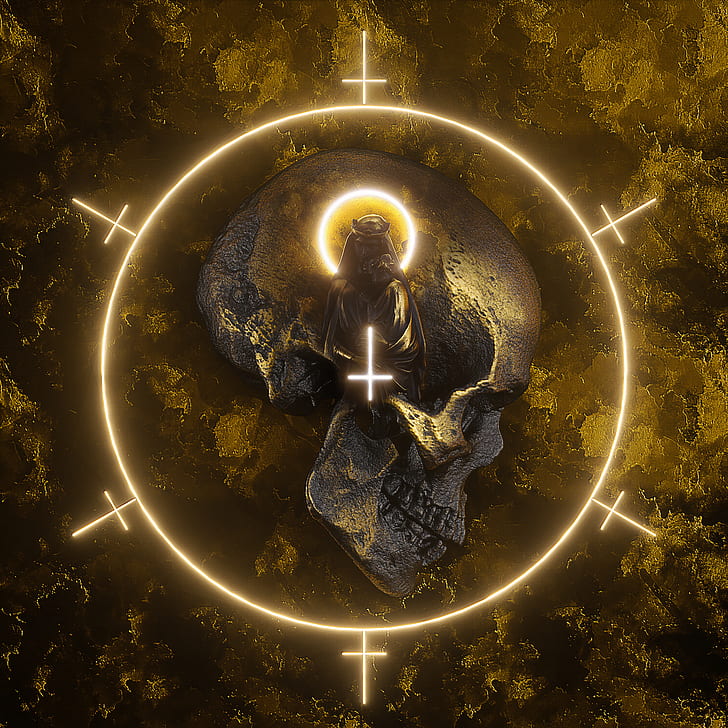 billelis, skull, cult, gold, 3D, artwork, digital, HD wallpaper