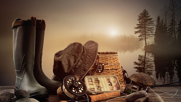 Equipo de pesca, pescado, bota, sombrero, lago, Fondo de pantalla HD