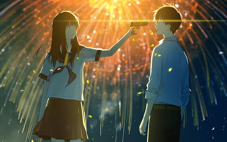 Anime, Original, Junge, Feuerwerk, Mädchen, Pistole, Nacht, Schuluniform, HD-Hintergrundbild