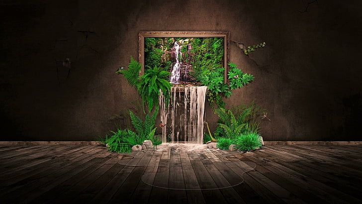 водопад, растения, мечта, фантазия, HD тапет