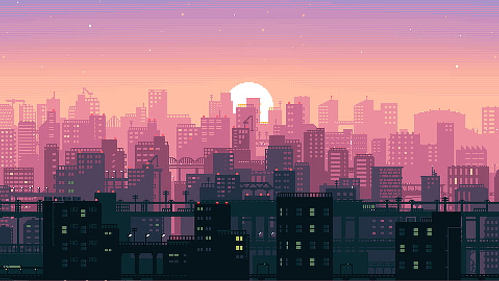 Kräne (Maschine), Gebäude, Pixelkunst, Sonne, Pixel, Stadtbild, Sonnenuntergang, HD-Hintergrundbild