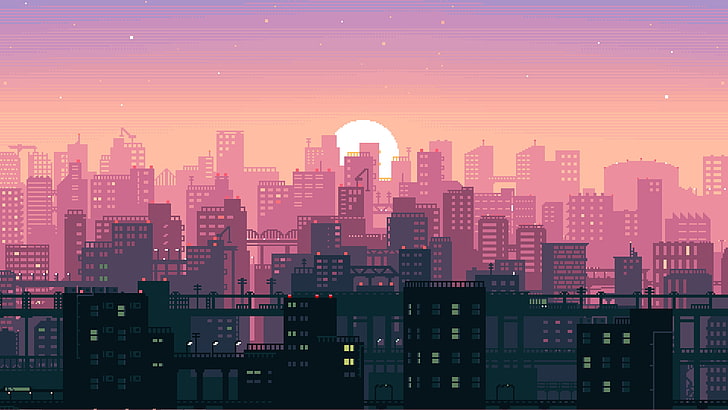 buildings illustration, animated pink and black buildings illustration, pixel art, Sun, building, sunset, pixels, cranes (machine), cityscape, city, digital art, pink, sunlight, HD wallpaper