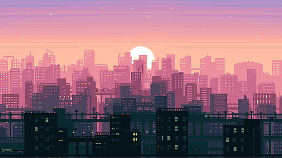 buildings illustration, animated pink and black buildings illustration, pixel art, Sun, building, sunset, pixels, cranes (machine), cityscape, city, digital art, pink, sunlight, HD wallpaper HD wallpaper