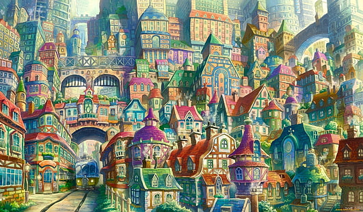 fantasy cityscape, buildings, train, artwork, bridge, Fantasy, HD wallpaper HD wallpaper