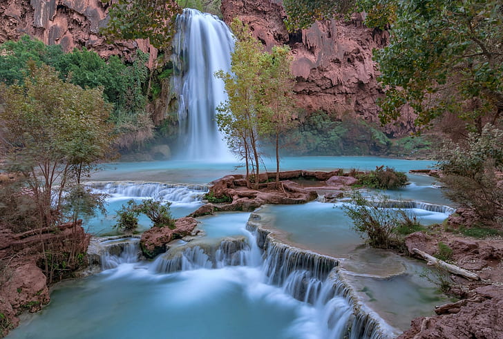 waterfall, AZ, The Grand Canyon, Arizona, Grand Canyon, Havasu Falls, HD wallpaper