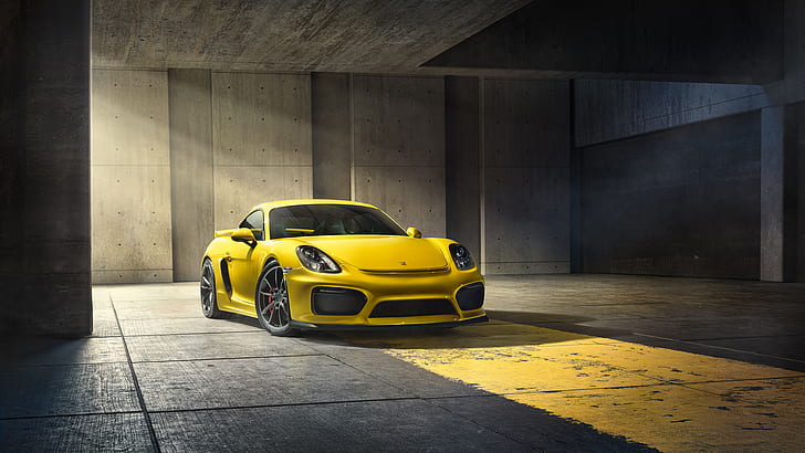 Porsche Cayman GT4, жълта кола, подземен паркинг, porsche cayman gt4, жълта кола, подземен паркинг, HD тапет