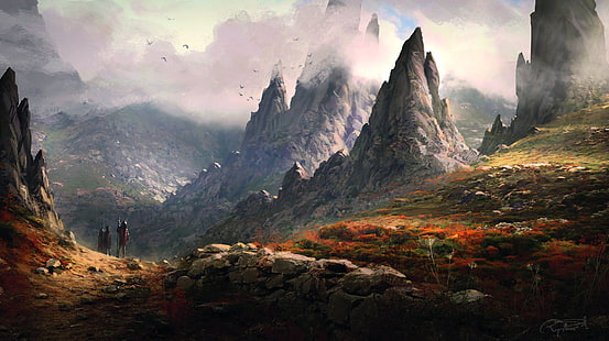 paisagem, montanhas, obra de arte, arte digital, arte de fantasia, HD papel de parede HD wallpaper