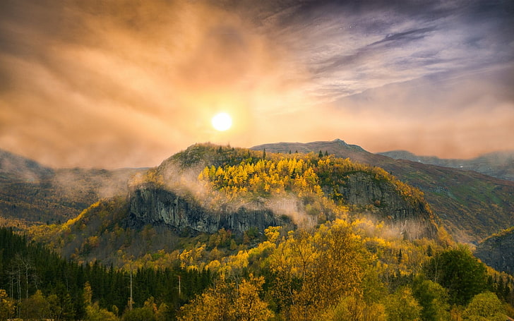 zdjęcie zielonego i żółtego drzewa pokryte górą, przyroda, krajobraz, góry, zachód słońca, las, upadek, chmury, niebo, Tapety HD