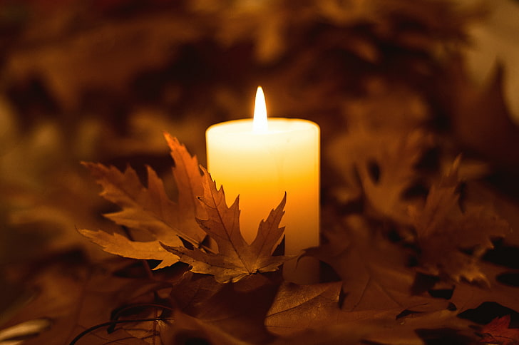 brown candle, autumn, leaves, fire, candle, HD wallpaper