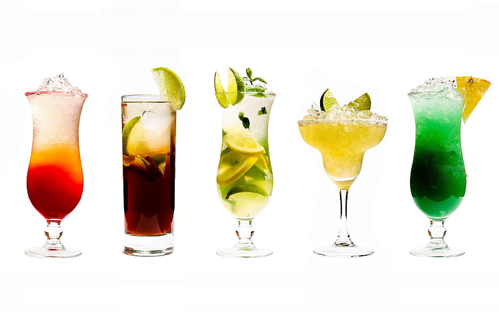 assorted cocktail drinks, ice, lime, pineapple, drinks, cocktails, HD wallpaper