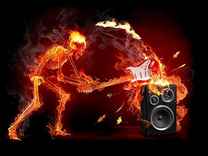 пламтящ скелет дигитално изкуство, огън, китара, скелет, рок, HD тапет