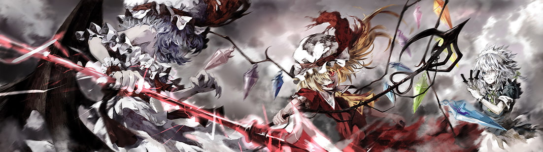fantasy characters fighting wallpaper, anime, anime girls, Touhou, Flandre Scarlet, Remilia Scarlet, Izayoi Sakuya, HD wallpaper HD wallpaper