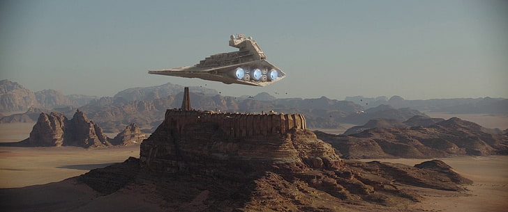 white spaceship hovering above rock formation wallpaper, Star Wars, Rogue One: A Star Wars Story, Jedha, Star  Destroyer, HD wallpaper