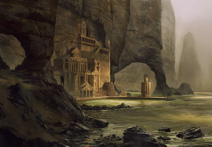 templo en la roca gráficos del acantilado, arte digital, arte de fantasía, acantilado, roca, edificio antiguo, guerrero, mar, niebla, Fondo de pantalla HD