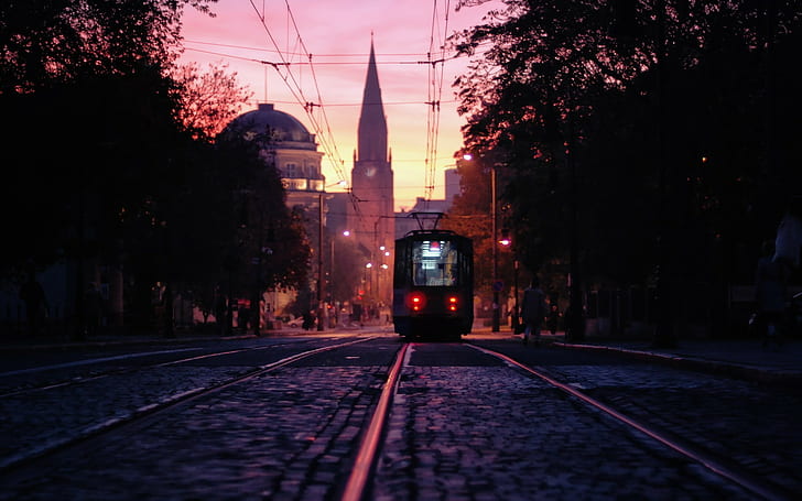 Polish, cityscape, dusk, photography, railway, urban, street, church, tram, Poland, university, city, Poznan, HD wallpaper