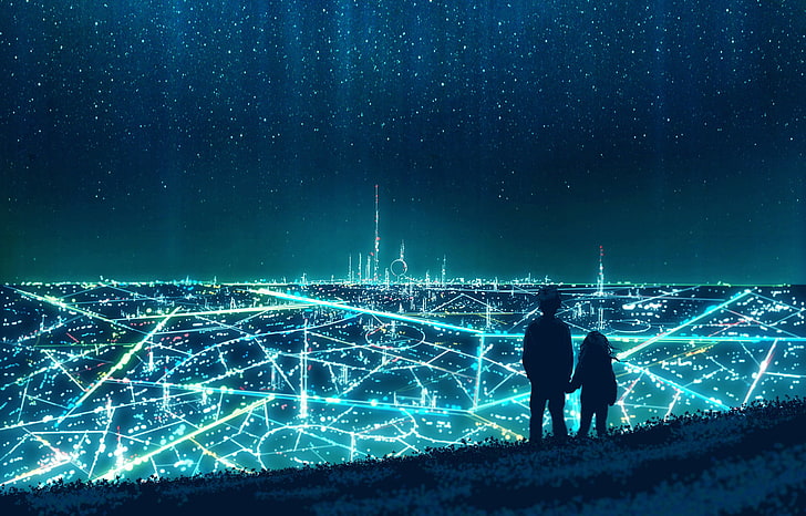 silhueta de ilustração de personagem de dois anime, cidade, silhueta, estrelas, néon, ficção científica, espaço, nave espacial, ciano, HD papel de parede
