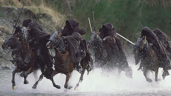 Nazgul Charge, господар на пръстените, кон, кон, битка, черен, меч, кон, lotr, nazgul, броня, вода, абстракт, рицар, фантазия, река, заряд, HD тапет HD wallpaper