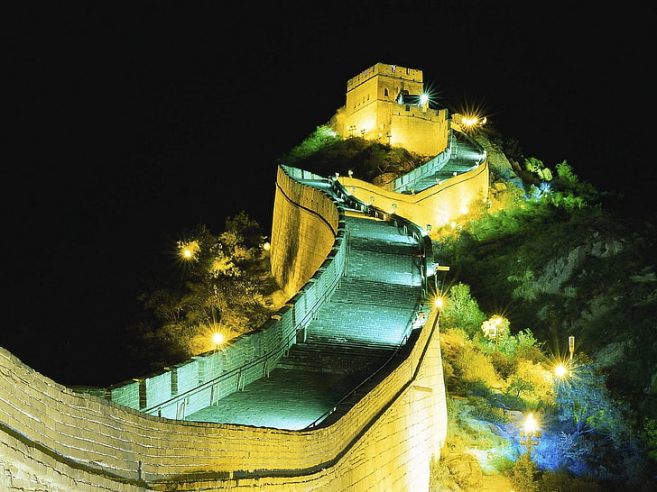 Tembok Besar Tiongkok, dinding, malam, lampu latar, tengara, Cina, Wallpaper HD