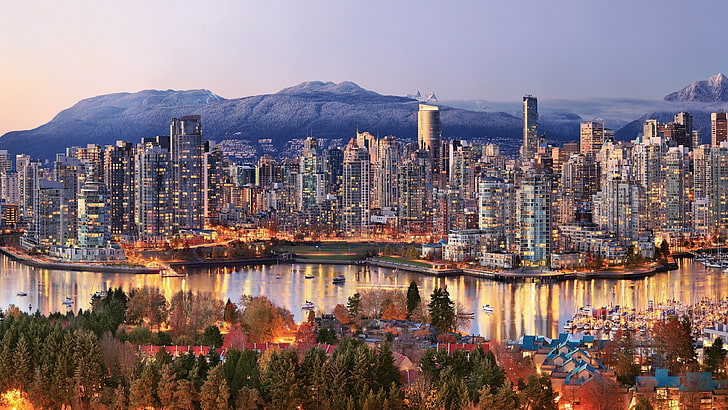 miasto, pejzaż miejski, obszar metropolitalny, obszar miejski, sylwetka na tle nieba, punkt orientacyjny, odbicie, metropolia, woda, niebo, śródmieście, wieżowiec, wieżowiec, Vancouver, Kolumbia Brytyjska, Kanada, Tapety HD