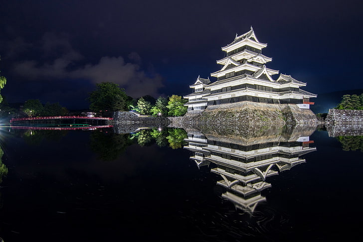 landscape, river, night lights, Japan, temple, HD wallpaper