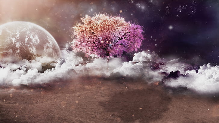 arbres, nuages, planète, lune, nuit, Fond d'écran HD