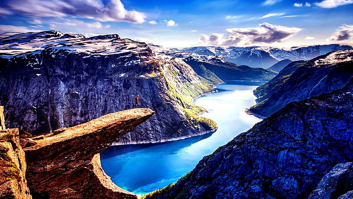 trolltunga, norway, europe, fjord, rocks, mountains, HD wallpaper
