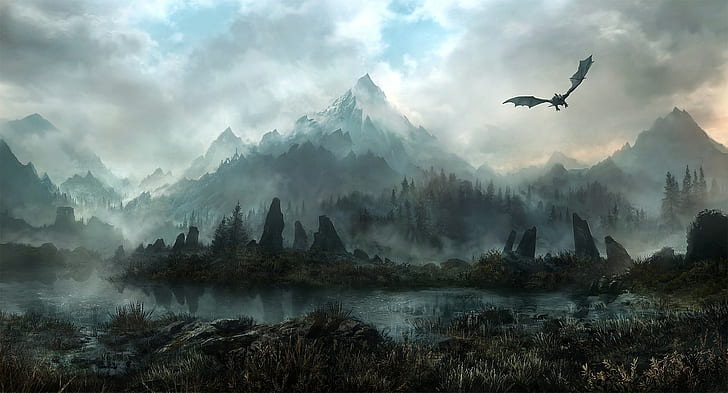 The Elder Scrolls V: Skyrim, dragón, montañas, niebla, videojuegos, arte de fantasía, Fondo de pantalla HD