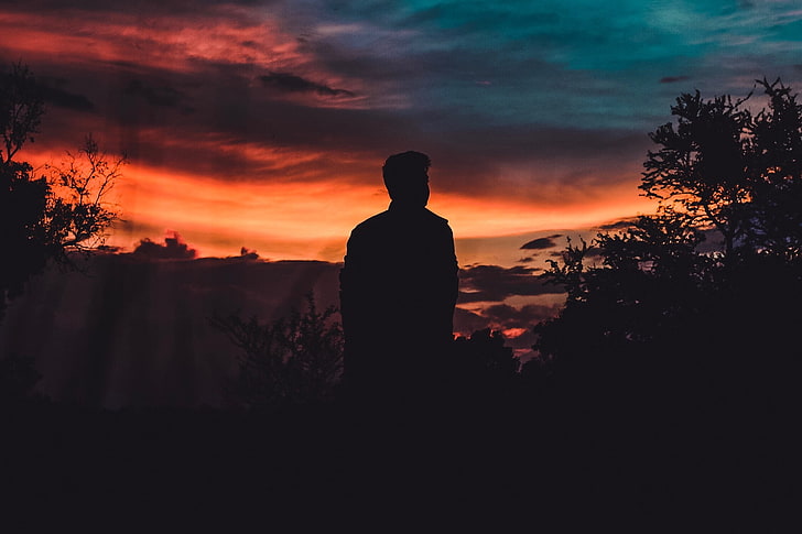 silhouette of person, silhouette, man, sky, sunset, HD wallpaper