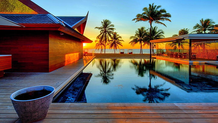 piscine, arbres, palmier, coucher de soleil, bâtiments, été, vacances, rêve, Fond d'écran HD