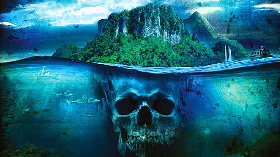 illustrazione di formazione rocciosa verde, mare, teschio, isola, fantasy art, squalo, nave, vista divisa, barca, Far Cry 3, videogiochi, Sfondo HD HD wallpaper