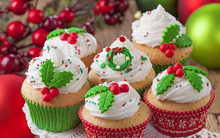 food, lunch, closeup, colorful, dessert, cupcakes, Christmas, HD wallpaper