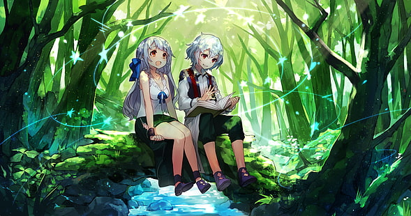 аниме близнаци, момиче и момче, гора, четене на книга, пейзаж, аниме, HD тапет HD wallpaper