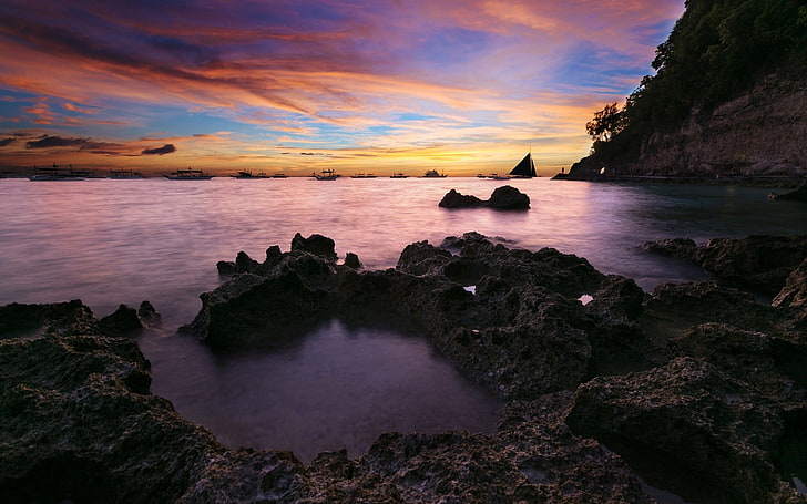 body of water beside rock formation, sky, nature, clouds, Boracay, Philippines, HD wallpaper
