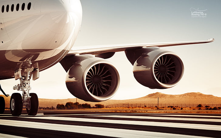 흰색과 회색 상업 비행기, 엔진, 루프트 한자, 보잉 747-8, 한자 항공, 터보 팬, HD 배경 화면