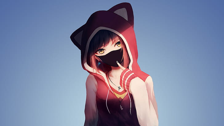 Pink, Girl, Art, Anime, Shadow, Urban style, Cute, Pretty, Hood, Sweater, Necklace, Earrings, Surgical mask, Chinstrap, Cat ears, HD wallpaper