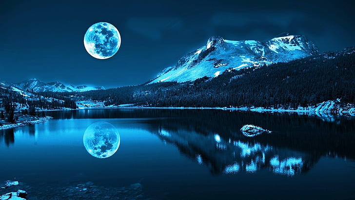 푸른 산 풍경 자연 밤 달 호수 강 반사 1920x1080 자연 산 HD 아트, 파랑, 산, HD 배경 화면