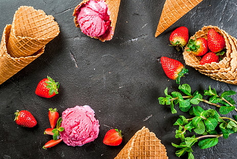 Food, Ice Cream, Still Life, Strawberry, Waffle Cone, HD wallpaper HD wallpaper