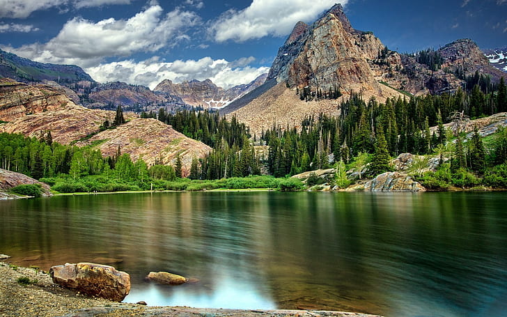 Louds, Lake, Rocks, Mountains, HD wallpaper
