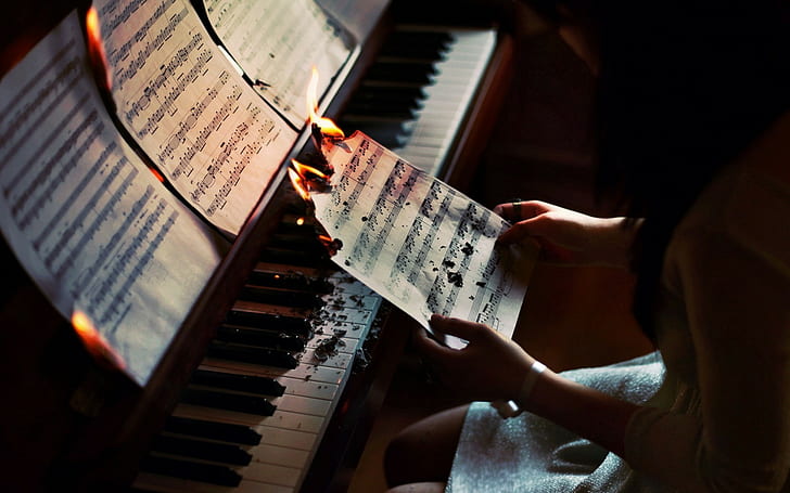 Burning, fire, music, Musical Notes, Piano, HD wallpaper
