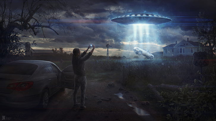 Evgenij Kungur, UFO, mobil, seni digital, awan, pedesaan, penculikan alien, fiksi ilmiah, Wallpaper HD