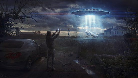 Evgenij Kungur, UFO, car, digital art, clouds, rural, alien abduction, science fiction, HD wallpaper HD wallpaper