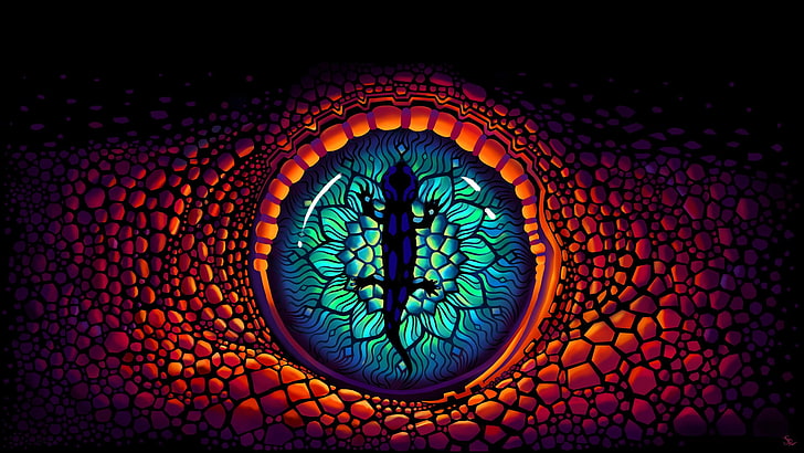 illustrazione di illusione ottica dell'occhio del rettile blu, verde e arancione, fauna selvatica, arte digitale, occhi, Sfondo HD