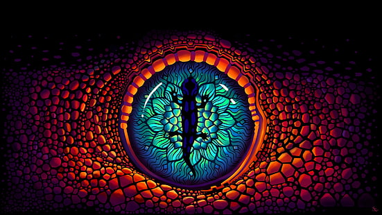 illustration illusion d'optique oeil de reptile bleu, vert et orange, faune, art numérique, yeux, Fond d'écran HD HD wallpaper
