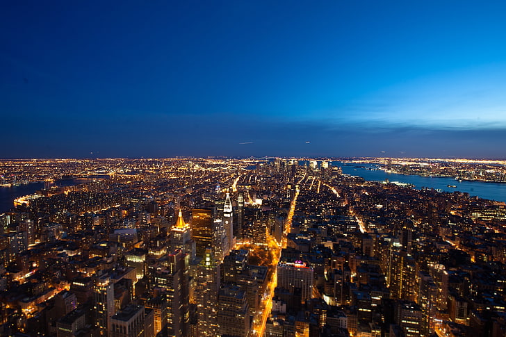 lighted high-rise buildings wallpaper, night, the city, lights, New York, megapolis, HD wallpaper