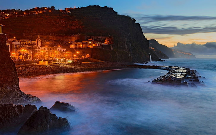 архитектура, залив, плаж, град, скала, вечер, остров, пейзаж, светлини, Мадейра, природа, фотография, Португалия, море, HD тапет