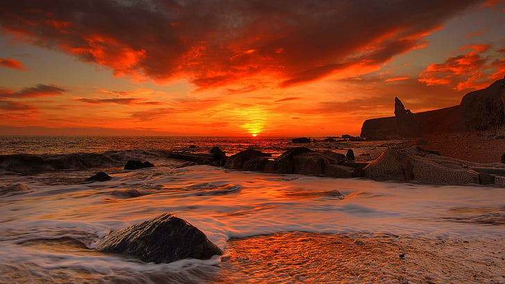 ท้องฟ้าทะเลท้องฟ้าสีแดงฝั่งชายฝั่งขอบฟ้าพระอาทิตย์ขึ้นชายหาดรุ่งอรุณตอนเช้าคลื่น, วอลล์เปเปอร์ HD