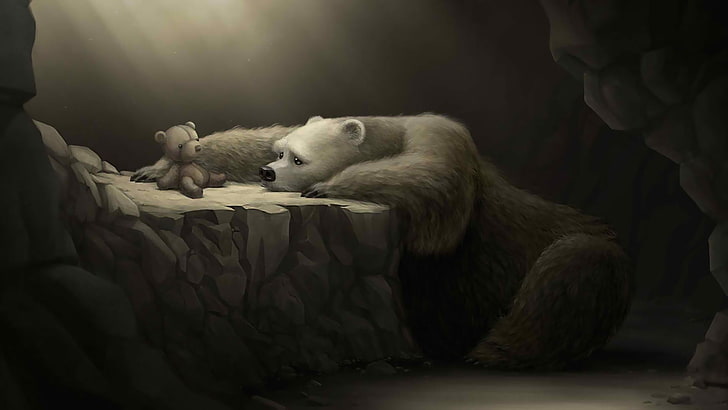Illustration des weißen Bären, Eisbären, Teddybären, Höhle, Malerei, Fantasiekunst, traurig, Grafik, Tiere, HD-Hintergrundbild