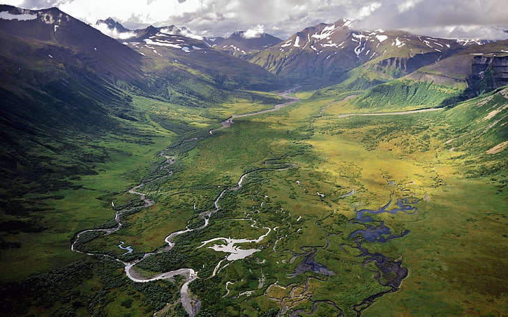 Aerial View, Alaska, clouds, Green, landscape, mountain, nature, river, Snowy Peak, Spring, Valley, HD wallpaper