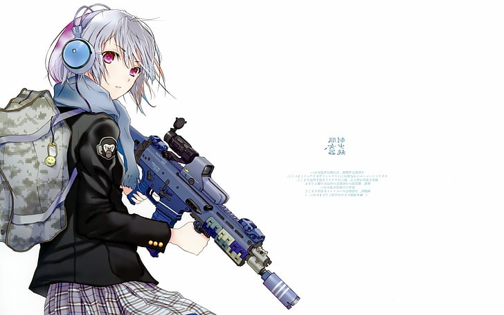 red eyes, monkey, backpacks, headphones, assault rifle, anime girls, weapon, anime, HD wallpaper