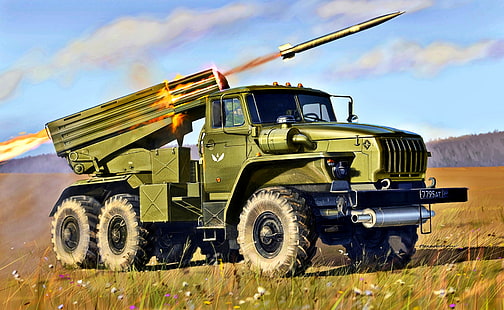 Военни превозни средства, BM-21 Град, артистични, ракетни установки, превозни средства, HD тапет HD wallpaper